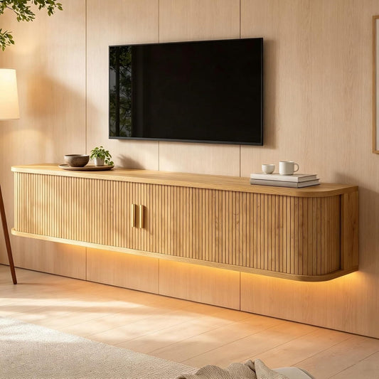 TV Konsole mit Schubladen mit Schiebetueren natur