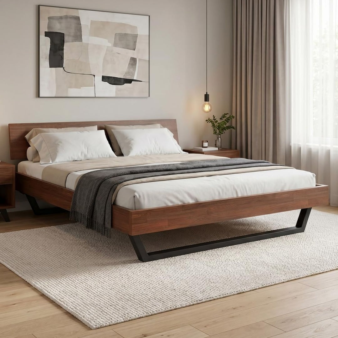 Bett fuer Schlafzimmer mit Tueren mit Kopfteil eiche