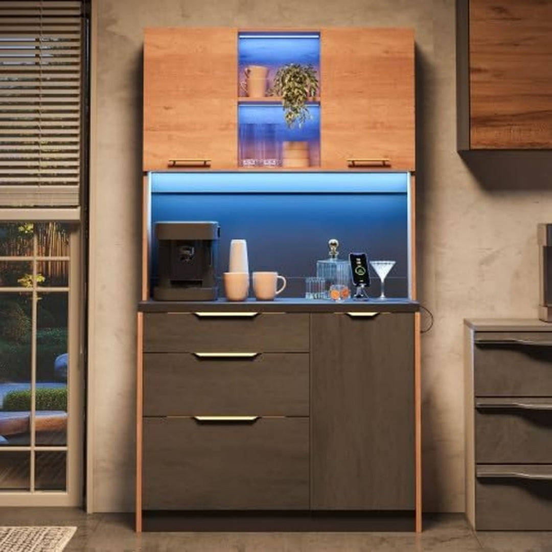 Stauraumschrank Kuchenschrank Arbeitsplatte Steckdose, LED, schwarz