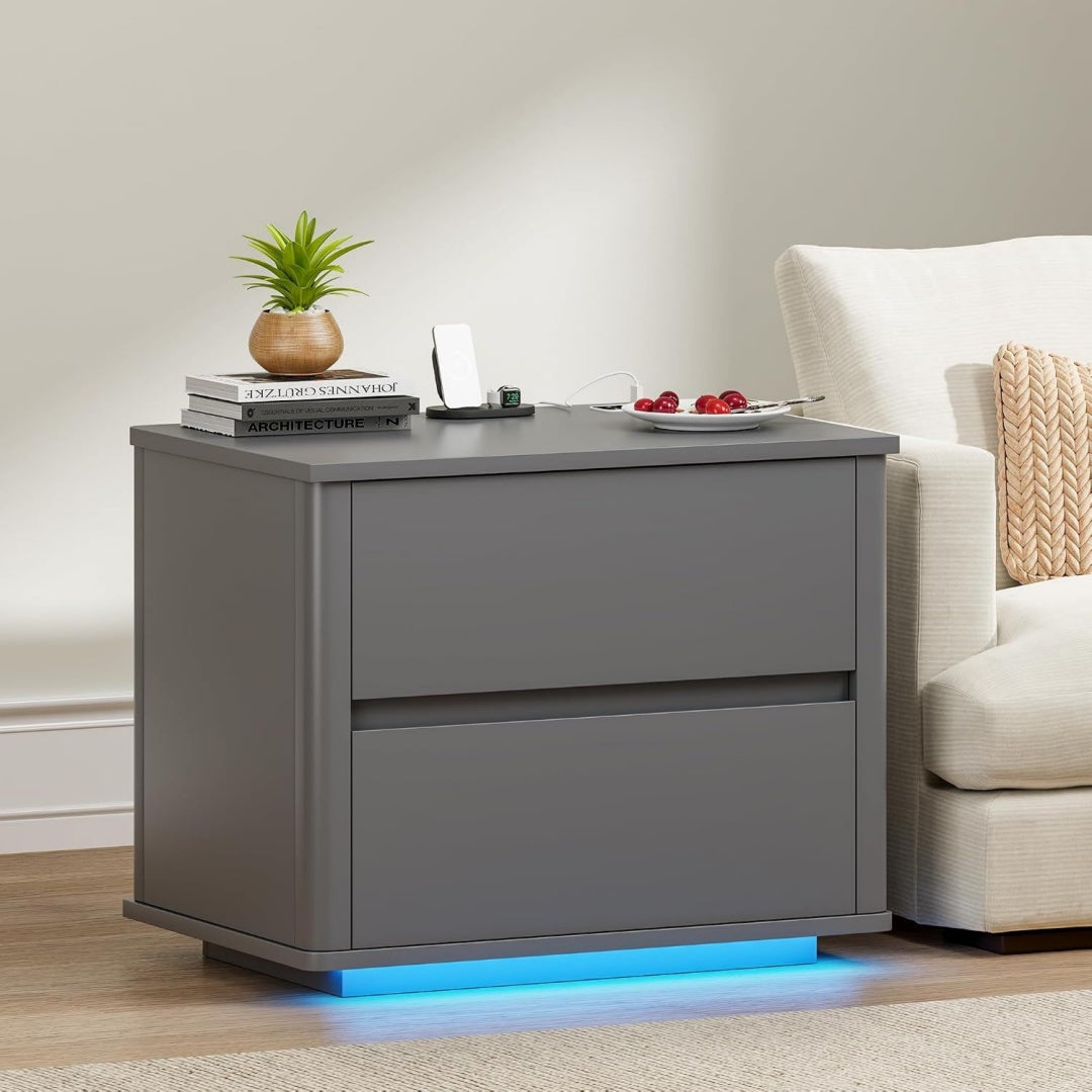 Nachtkonsole grau mit Schubladen mit LED Beleuchtung
